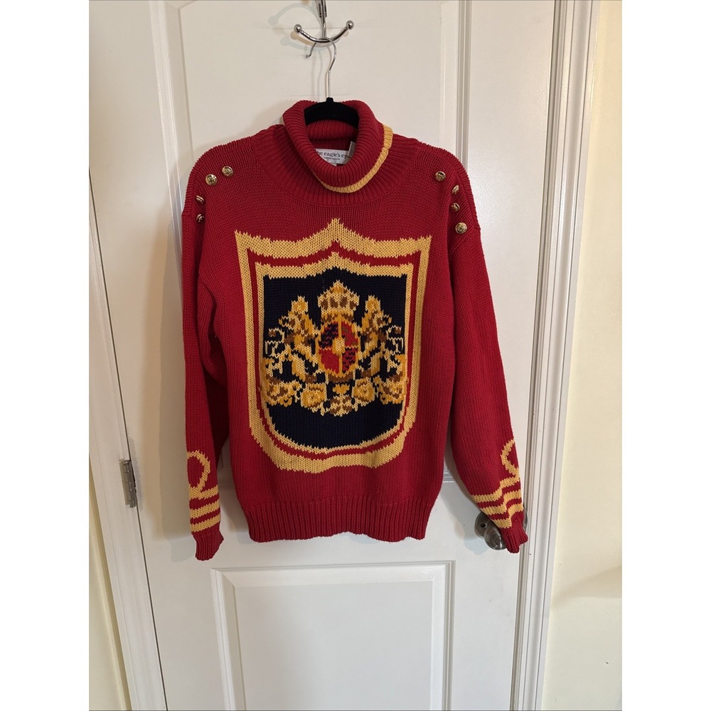 The Eagle's Eye Vintage Red Turtleneck Sweater W Coat Of Arms Crest Medium 1993